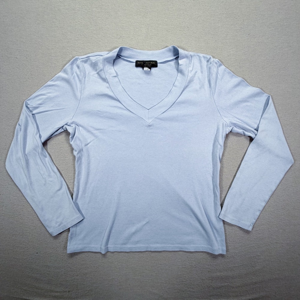 Banana‎ Republic V-Neck Top Womens XL Good Light Blue Long Sleeve Cotton Tee